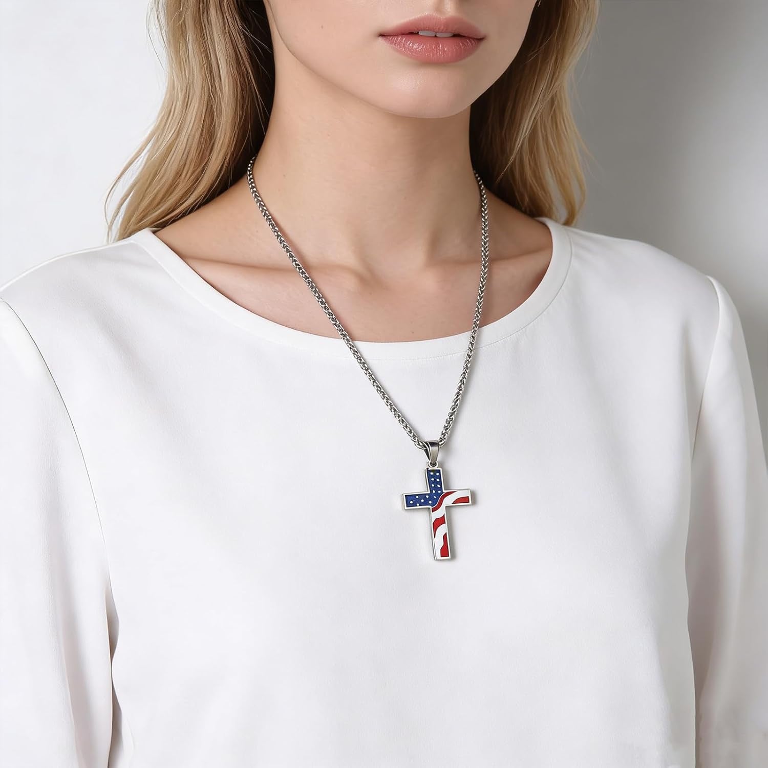 American Flag Patriotic Cross Religious Jewelry Pendant Necklace