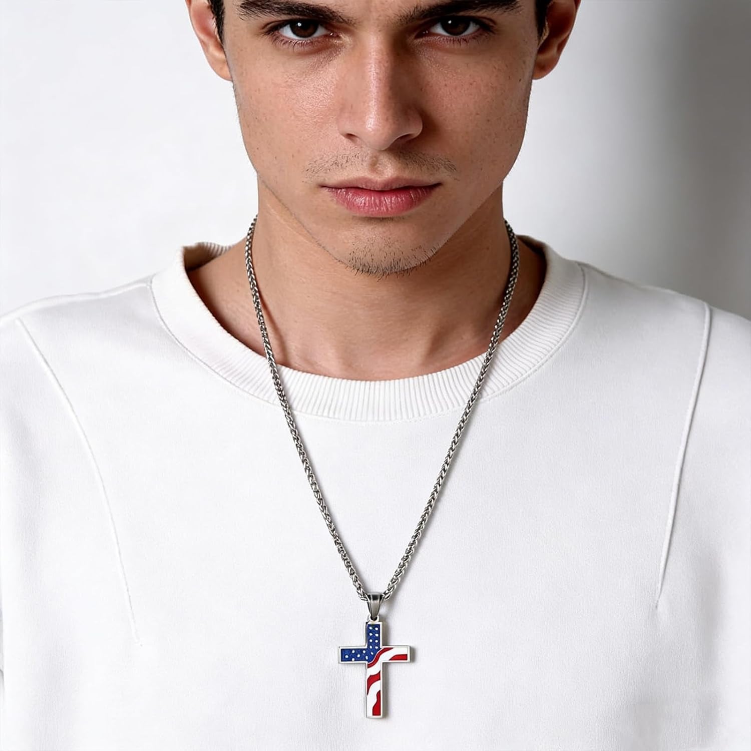 American Flag Patriotic Cross Religious Jewelry Pendant Necklace